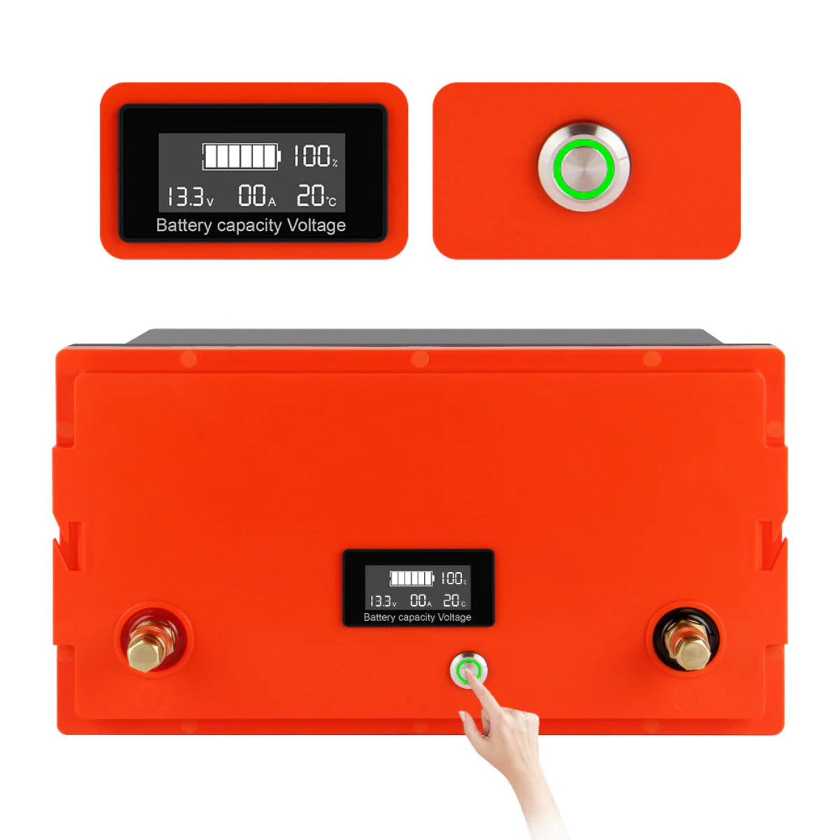 LiFePO4 12V 100Ah Batterie – Hand zeigt auf Anschlussbereich zum Aufladen