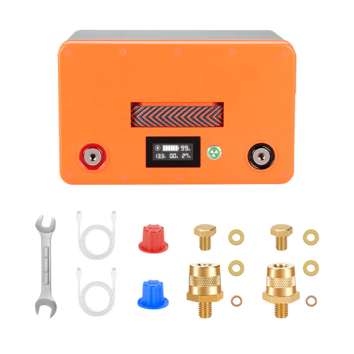 LiFePO4 12V 100Ah Batterie – Lieferumfang mit Batterie, Adapter, Montageschlüssel und Anschlusszubehör