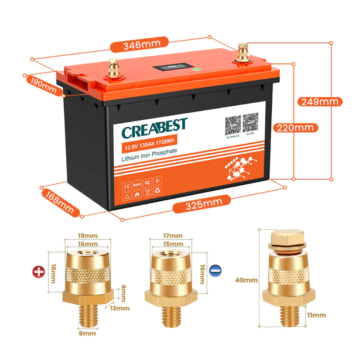 LiFePO4 12V 135Ah Batterie mit Bluetooth – Perspektivische Ansicht mit Griffaufnahme und QR-Code-Label