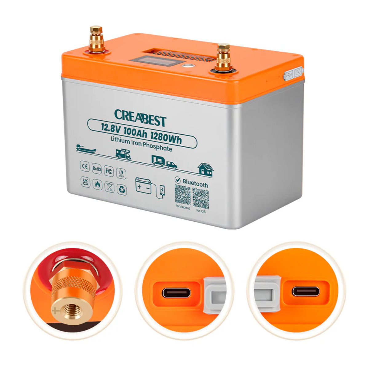 LiFePO4 12V 100Ah Batterie – Detail der goldenen Anschlussstecker und robusten Kabelanschlüsse