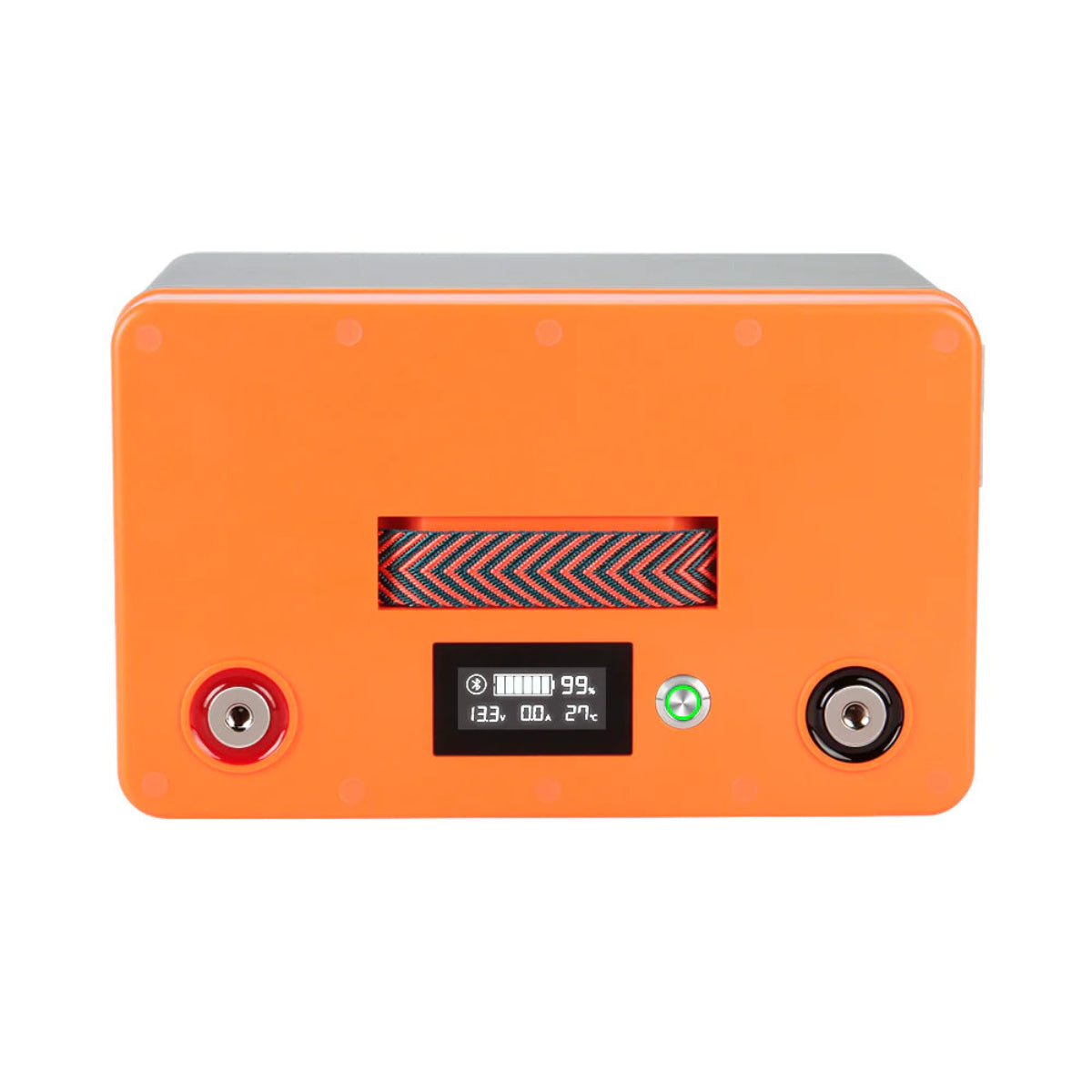 LiFePO4 12V 100Ah Batterie – Nahaufnahme des Bluetooth-Displays mit SOC-, Spannungs- und Temperaturanzeige