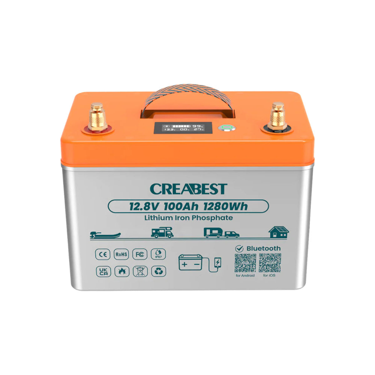 LiFePO4 12V 100Ah Batterie – Frontansicht mit IP67-Label und ergonomischem Handgriff