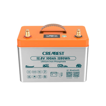 LiFePO4 12V 100Ah Batterie – Frontansicht mit IP67-Label und ergonomischem Handgriff