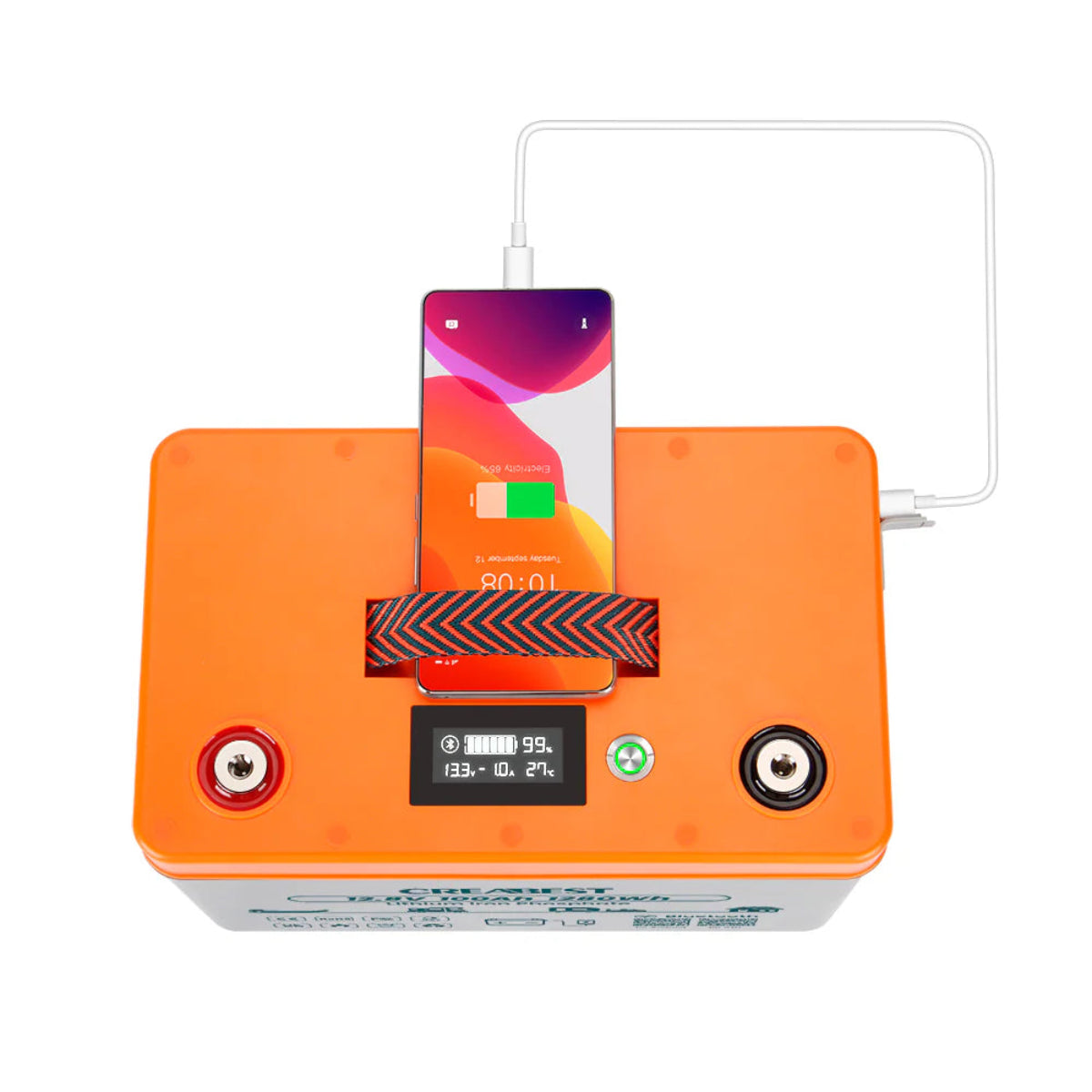 LiFePO4 12V 100Ah Batterie – Nahaufnahme des Bluetooth-Displays mit SOC-, Spannungs- und Temperaturanzeige
