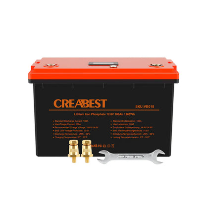 LiFePO4 12V 100Ah Batterie – technische Zeichnung mit Abmessungen und Anschlussdetails