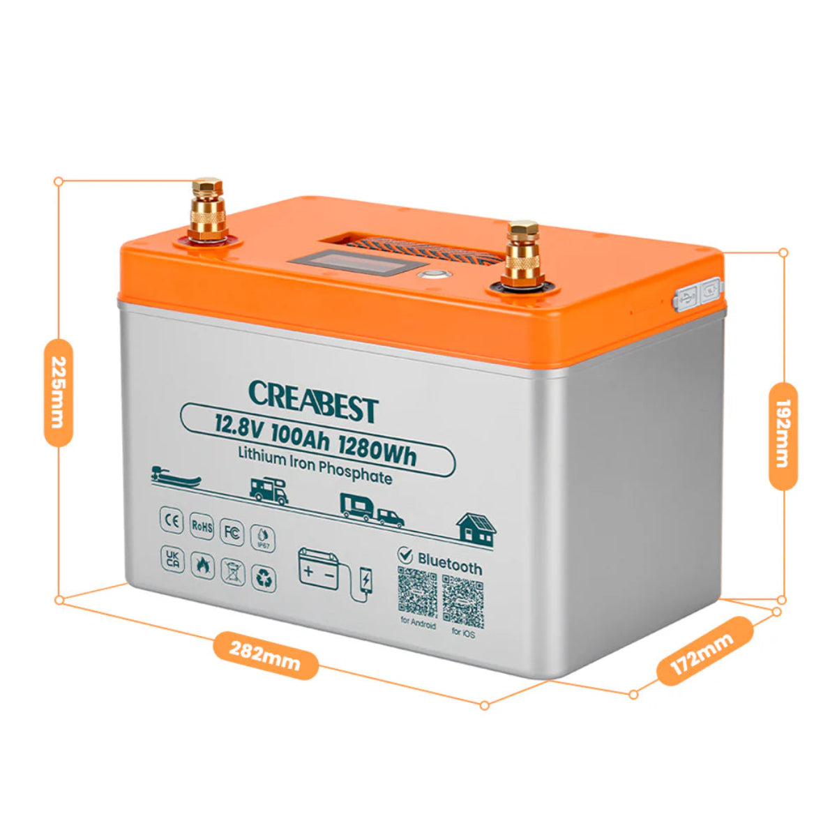 LiFePO4 12V 100Ah Batterie – Perspektivische Gesamtansicht mit Handling-Griff und QR-Code-Label