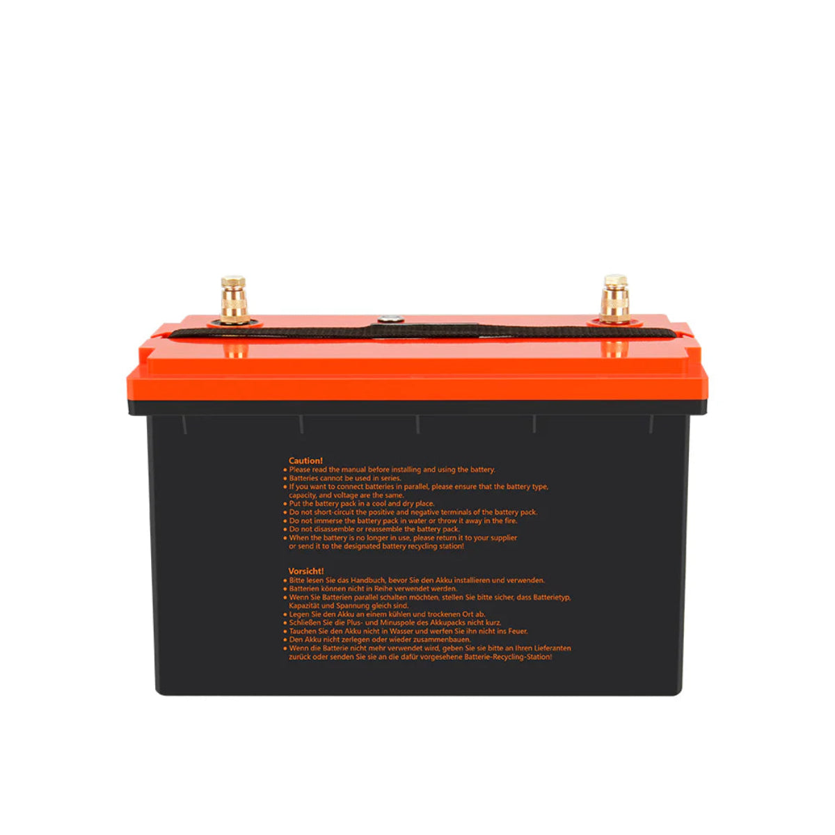 LiFePO4 12V 100Ah Batterie – Seitenansicht mit Beschriftung und technischen Angaben