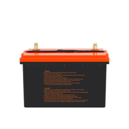 LiFePO4 12V 100Ah Batterie – Seitenansicht mit Beschriftung und technischen Angaben