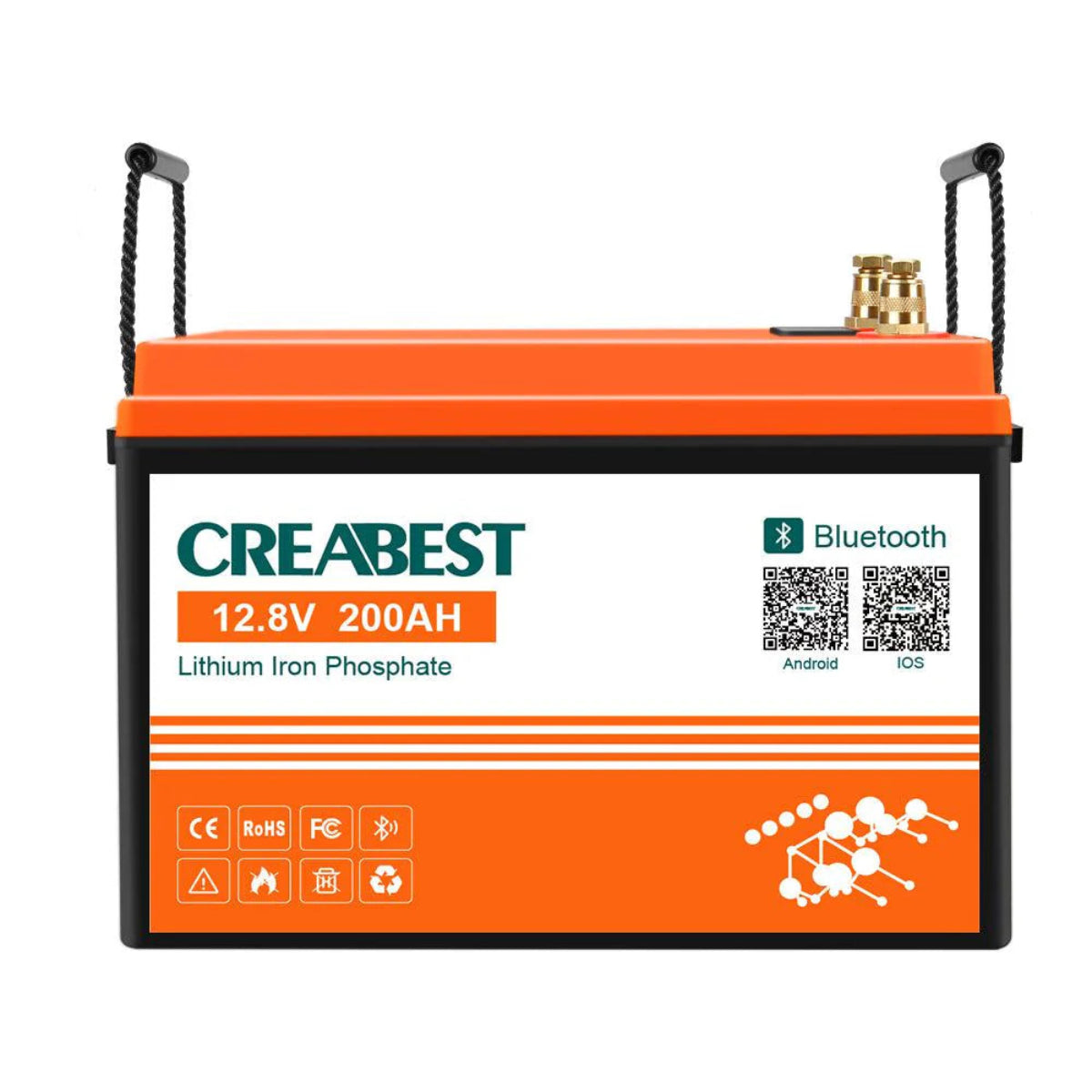 LiFePO4 12V 200Ah Bluetooth Batterie Frontansicht mit Label Österreich